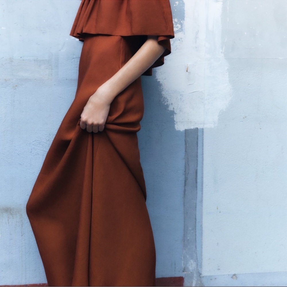Zara Off Shoulder Linen Blend Ruffle Maxi  Rust Dress Small - Picture 5 of 14
